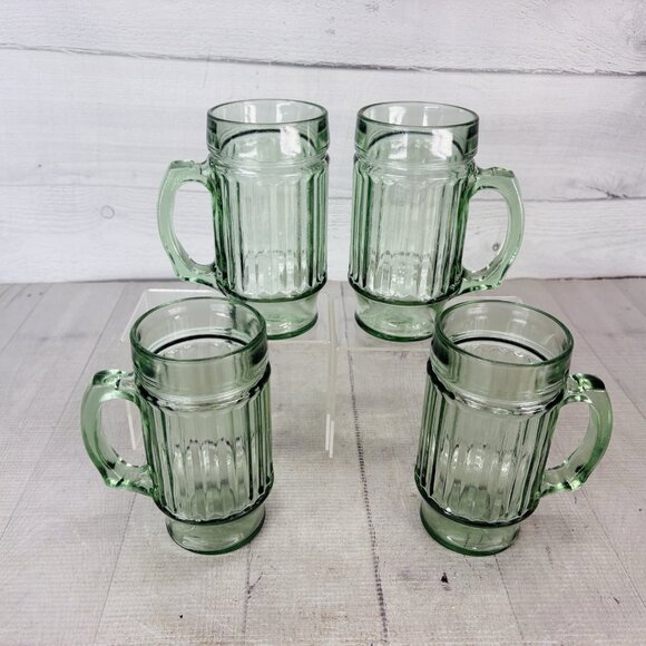 Vintage Anchor Hocking Ribbed Handled Green Glass Mugs Drinking Glasses Set of 4 - Picture 2 of 16